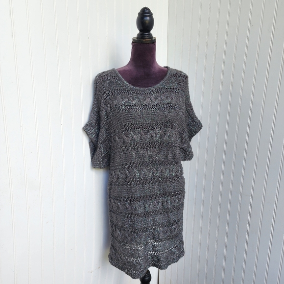 Express Brown Mohair Fuzzy Short Sleeved Metallic Thread Tunic Sweater Dress M - Picture 1 of 13